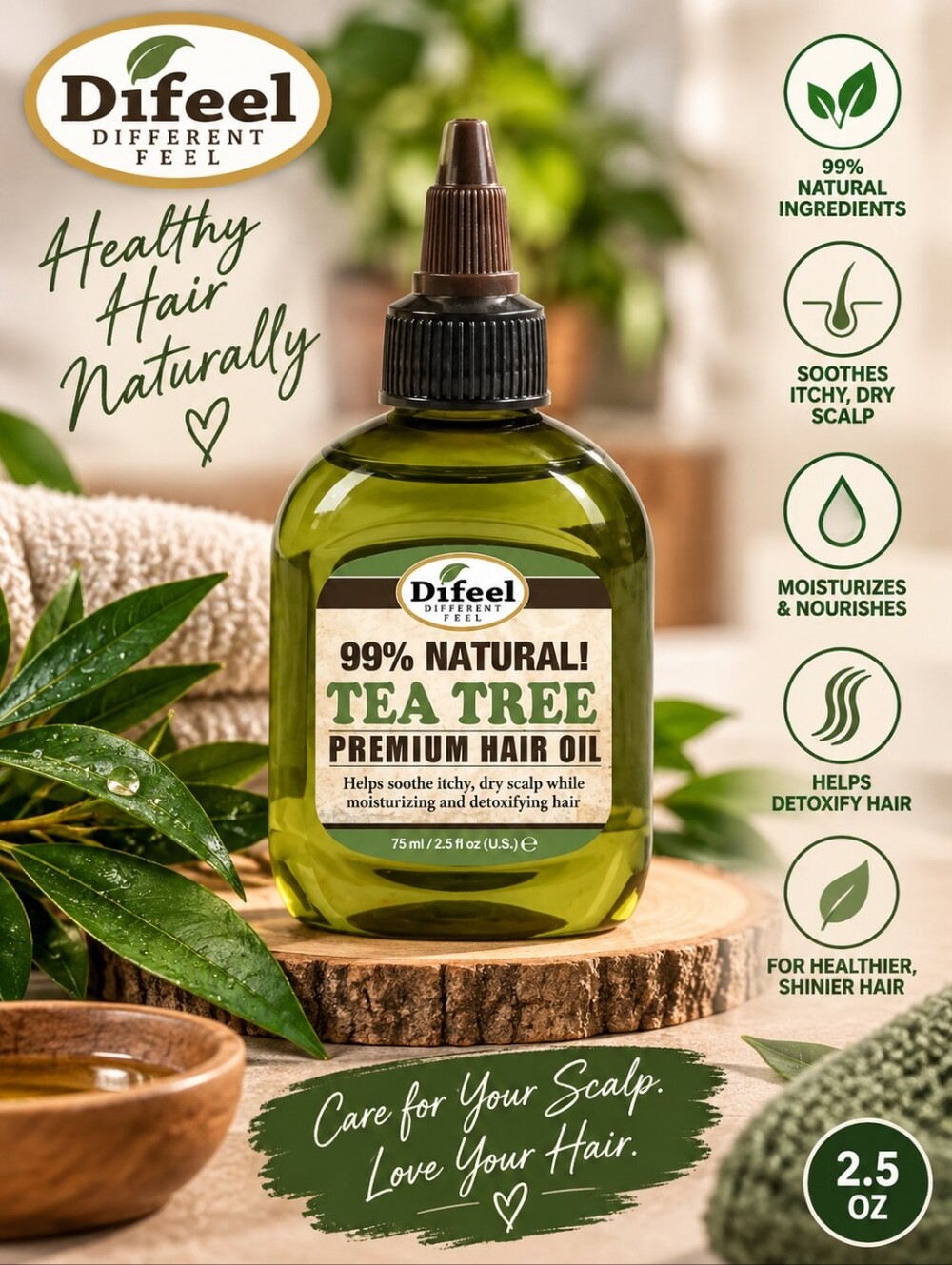 NWT Difeel 99% Natural Tea Tree Premium Hair Oil 2.5 Ounces Moisturize Scalp New